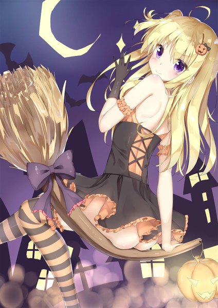 Anime picture 1200x1697 with original rong yi tan single long hair tall image looking at viewer blush fringe light erotic blonde hair smile sitting purple eyes bare shoulders ahoge ass looking back night arm support night sky