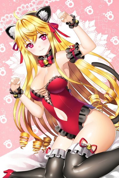 Anime picture 640x960 with sword girls cinia pacifica aile (crossroads) single long hair tall image blush breasts light erotic blonde hair large breasts animal ears cleavage ahoge tail animal tail pink eyes cat ears cat girl cat tail