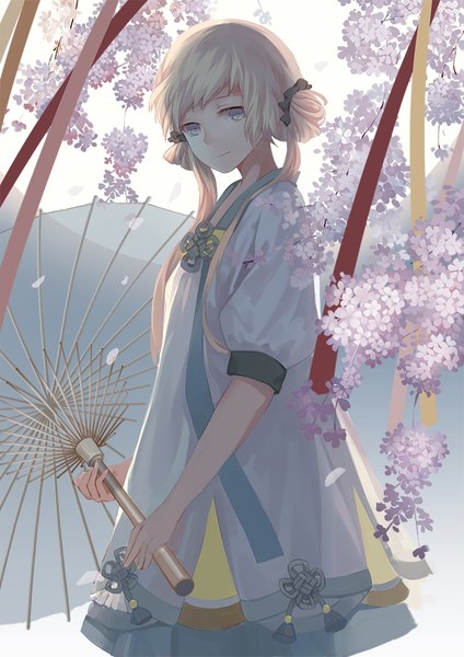 Anime picture 650x920 with original pixiv fantasia pixiv fantasia new world cang tong single long hair tall image fringe blonde hair smile standing twintails holding looking away light smile wind grey eyes hair bun (hair buns) backlighting girl