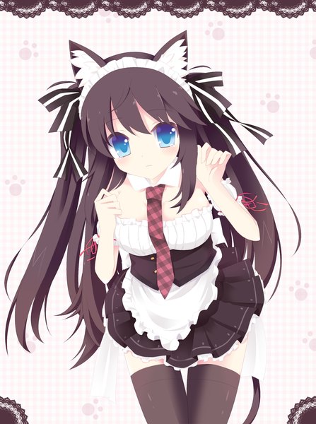 Anime picture 1000x1342 with original nibiiro shizuka single long hair tall image blush blue eyes black hair simple background animal ears cat ears maid cat girl cat tail girl thighhighs ribbon (ribbons) black thighhighs hair ribbon necktie