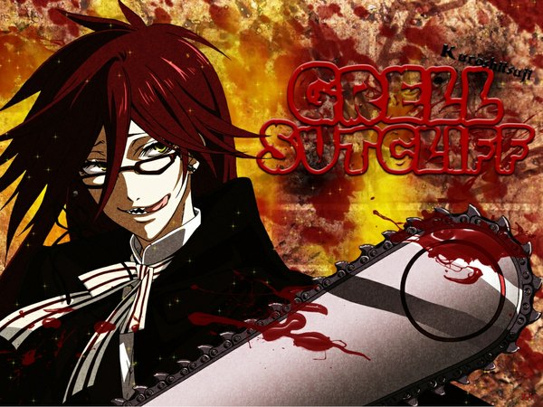 Anime picture 1024x768 with kuroshitsuji a-1 pictures grell sutcliff single long hair yellow eyes red hair inscription boy earrings glasses bowtie blood chainsaw