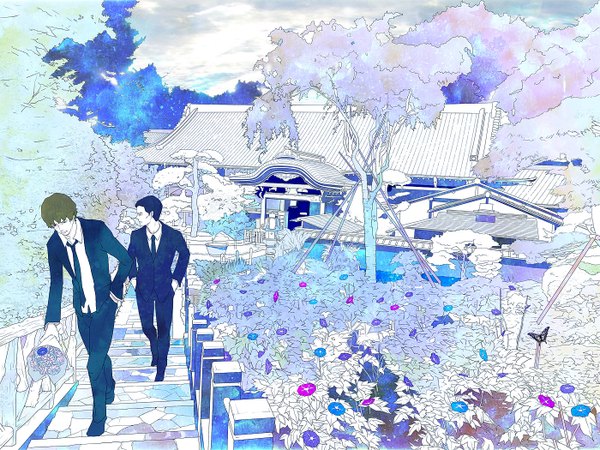 Anime picture 1400x1050 with summer wars madhouse jinnouchi wabisuke zain short hair black hair blonde hair sky cloud (clouds) boy flower (flowers) plant (plants) tree (trees) necktie suit bouquet stairs house morning glory