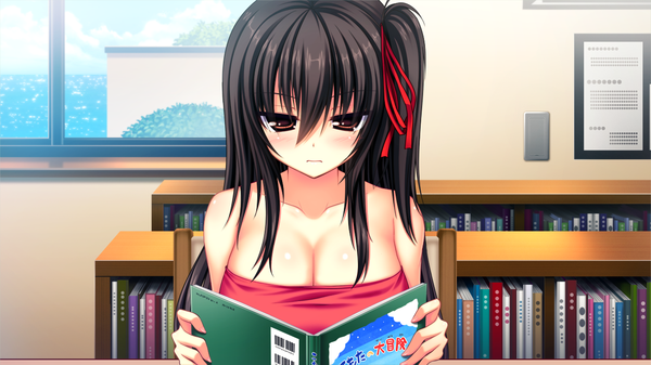 Anime picture 1280x720 with namaiki delation shinkai nagisa single long hair blush breasts light erotic black hair wide image large breasts bare shoulders brown eyes game cg cleavage ponytail no bra side ponytail reading girl hair ornament