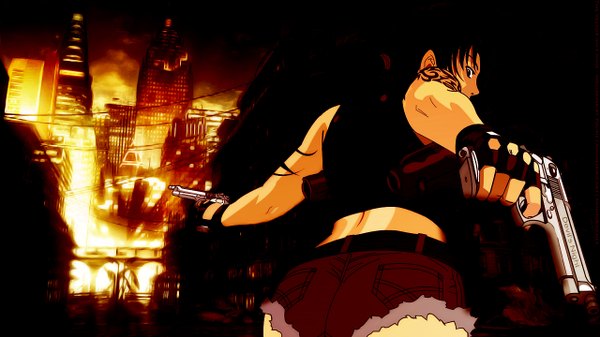 Anime picture 1280x720 with black lagoon madhouse revy (black lagoon) black hair wide image looking back from behind night tattoo back city lights girl weapon shorts gun building (buildings)