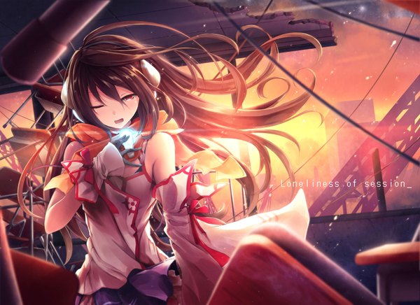Anime picture 1600x1164 with vocaloid kokone (vocaloid) akkijin single long hair looking at viewer open mouth black hair red eyes bare shoulders one eye closed wink girl detached sleeves headphones