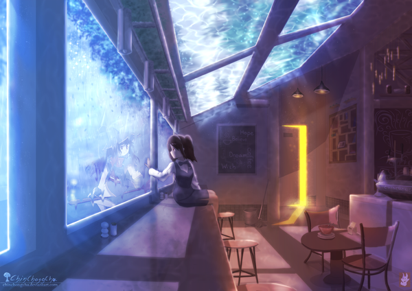 Anime picture 1280x905 with original chinchongcha long hair fringe hair between eyes brown hair sitting multiple girls signed looking away ponytail indoors profile arm up different thighhighs girl thighhighs skirt 2 girls shirt