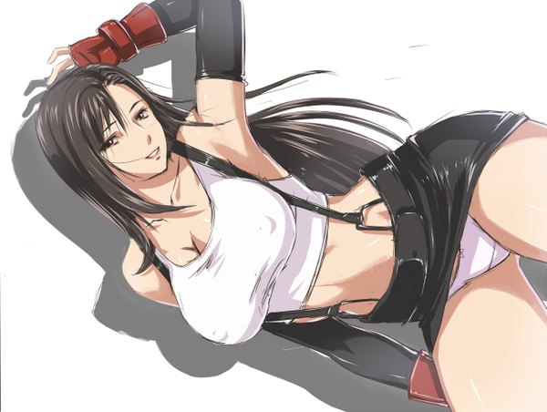 Anime picture 1327x1000 with final fantasy square enix tifa lockhart jirou (62sand3gemt9) single long hair looking at viewer breasts light erotic black hair simple background smile red eyes large breasts white background shadow girl underwear panties miniskirt