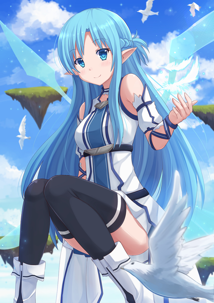 Anime picture 945x1337 with sword art online a-1 pictures yuuki asuna asuna (sao-alo) kazenokaze single long hair tall image blush blue eyes smile sitting bare shoulders blue hair sky cloud (clouds) pointy ears girl thighhighs dress