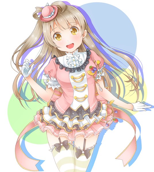 Anime picture 894x1000 with love live! school idol project sunrise (studio) love live! minami kotori ratryu single long hair tall image looking at viewer fringe open mouth brown hair yellow eyes one side up girl thighhighs dress gloves hat white gloves