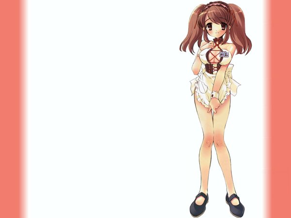 Anime picture 1600x1200 with suzumiya haruhi no yuutsu kyoto animation asahina mikuru light erotic cleavage wallpaper naked apron girl
