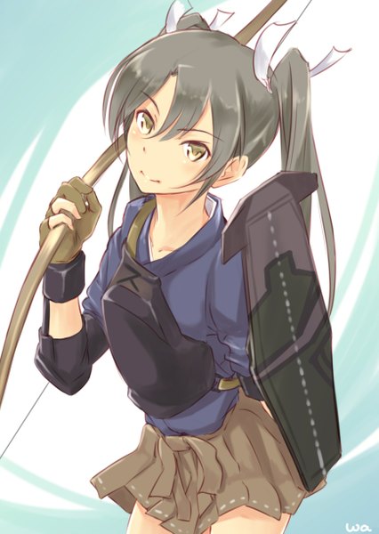 Anime picture 868x1223 with kantai collection zuikaku aircraft carrier wa (genryusui) single long hair tall image looking at viewer blush twintails brown eyes signed traditional clothes japanese clothes grey hair girl skirt ribbon (ribbons) weapon hair ribbon miniskirt