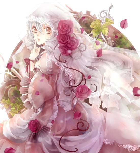 Anime picture 1100x1200 with original kashin reina single long hair tall image brown eyes white hair drill hair finger to mouth girl dress flower (flowers) petals