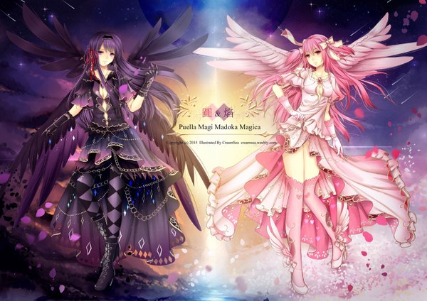 Anime picture 1600x1132 with mahou shoujo madoka magica shaft (studio) akemi homura kaname madoka goddess madoka akuma homura creamsea long hair looking at viewer fringe breasts light erotic standing twintails purple eyes multiple girls signed pink hair cleavage purple hair