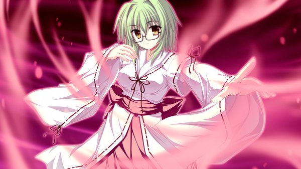 Anime picture 1280x720 with fortissimo//akkord:bsusvier (game) ooba kagerou short hair wide image yellow eyes game cg green hair miko girl glasses