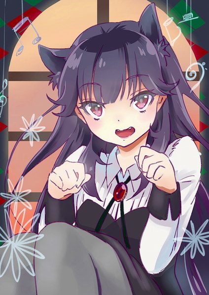 Anime picture 724x1024 with haruchika p.a. works homura chika noji (sinimu) single long hair tall image looking at viewer blush fringe open mouth black hair red eyes sitting animal ears cat ears fang (fangs) paw pose treble clef girl