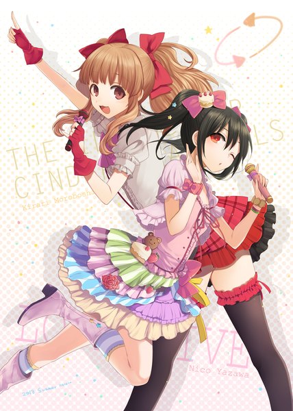 Anime picture 1426x2000 with idolmaster idolmaster cinderella girls love live! school idol project sunrise (studio) love live! yazawa nico moroboshi kirari harano long hair tall image black hair brown hair twintails multiple girls holding brown eyes one eye closed wink copyright name cosplay