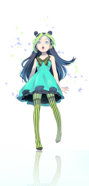 Anime picture 700x1450 with jojo no kimyou na bouken kujo jolyne zenwa (nezumihari) single long hair tall image looking at viewer open mouth blue eyes black hair simple background white background bare shoulders multicolored hair green hair two-tone hair hair bun (hair buns) streaked hair reflection alternate age