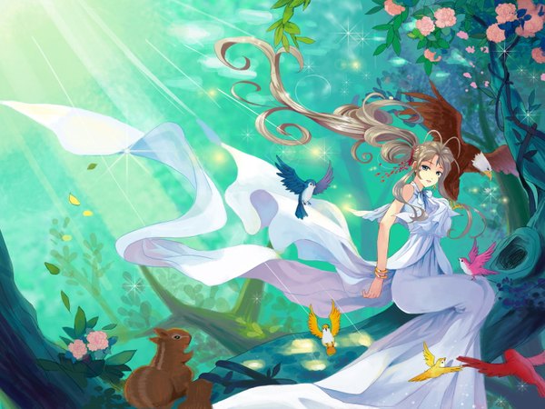 Anime picture 1500x1125 with aa megami-sama anime international company belldandy amg192003 long hair looking at viewer blue eyes brown hair sitting ponytail very long hair forehead mark girl dress flower (flowers) plant (plants) animal tree (trees) bracelet white dress