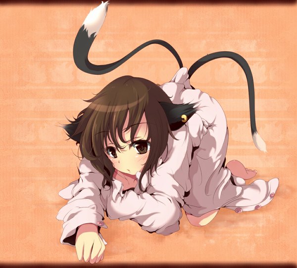 Anime picture 1000x900 with touhou chen aruu (memories) single looking at viewer blush short hair brown hair brown eyes animal ears cat ears cat girl cat tail girl dress