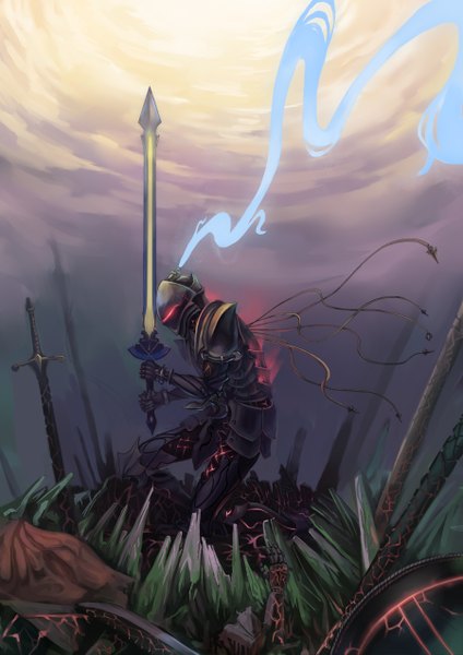 Anime picture 900x1273 with fate (series) fate/zero type-moon berserker (fate/zero) madyy single tall image sky wind kneeling glowing boy weapon sword armor