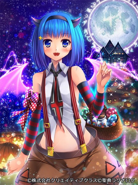 Anime picture 600x800 with seiten ragnarok pochadon single tall image looking at viewer blush short hair open mouth blue eyes blue hair horn (horns) halloween girl navel detached sleeves wings food shorts sweets moon