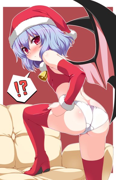 Anime picture 1800x2800 with touhou remilia scarlet busuneko (artist) single tall image blush highres short hair light erotic red eyes bare shoulders blue hair fur trim christmas merry christmas girl underwear panties detached sleeves wings