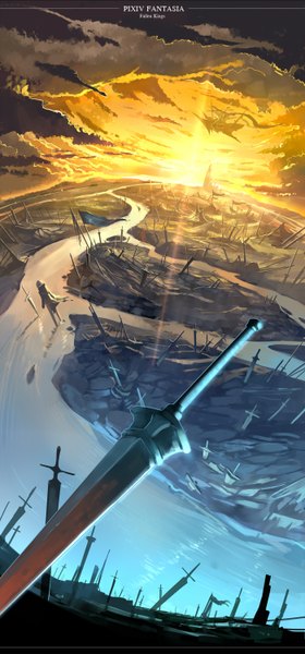 Anime picture 1400x3000 with original pixiv fantasia pixiv fantasia fallen kings yuushoku single tall image standing cloud (clouds) from above copyright name evening sunset river ruins sunrise ambiguous gender weapon sword water huge weapon