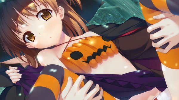 Anime picture 1280x720 with lovesick puppies blush short hair light erotic brown hair wide image yellow eyes game cg witch girl thighhighs striped thighhighs