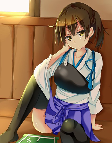 Anime picture 786x1000 with kantai collection kaga aircraft carrier yahiro (anhnw) single tall image short hair light erotic brown hair yellow eyes traditional clothes pleated skirt sunlight side ponytail girl thighhighs skirt black thighhighs window armor breastplate