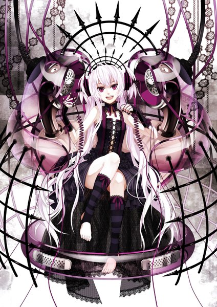 Anime picture 1000x1414 with original osamu (jagabata) single long hair tall image looking at viewer open mouth red eyes sitting white hair girl dress headphones wire (wires)