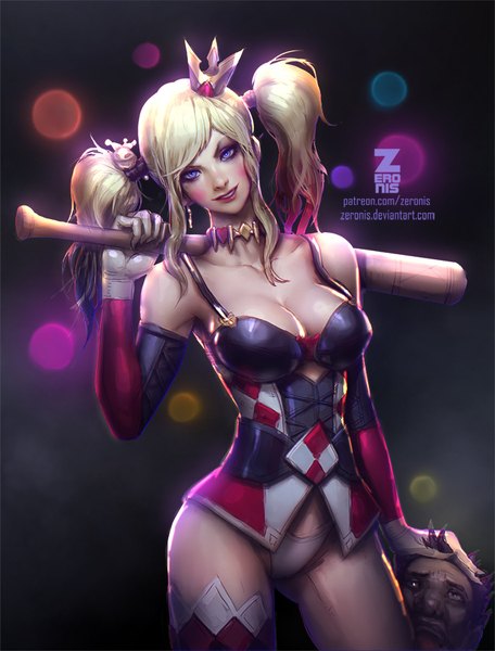 Anime picture 722x950 with batman dc comics harley queen paul (shiramune) single long hair tall image looking at viewer blush breasts light erotic blonde hair smile large breasts standing purple eyes twintails holding cleavage head tilt