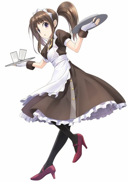 Anime picture 706x1000 with original tenkuu nozora single long hair tall image looking at viewer simple background brown hair white background ponytail black eyes maid girl pantyhose headdress maid headdress glass tray