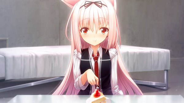 Anime picture 1280x720 with gleam garden no shoujo luna (gleam garden no shoujo) char single long hair looking at viewer blush red eyes wide image animal ears pink hair game cg eating girl sweets cake