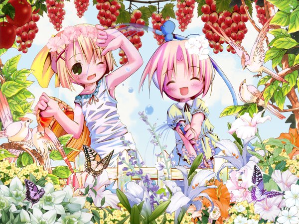 Anime picture 1280x960 with pop blush fringe short hair open mouth blonde hair smile multiple girls holding green eyes pink hair sky outdoors eyes closed one eye closed short sleeves wet loli wallpaper wet clothes