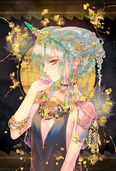 Anime picture 1476x2177 with original hari ari single long hair tall image looking at viewer fringe green eyes signed cleavage upper body blunt bangs nail polish profile horn (horns) aqua hair hand to mouth blue nail polish girl dress