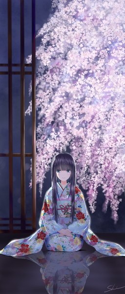 Anime picture 533x1248 with original shino (shinderera) single long hair tall image looking at viewer fringe blue eyes black hair sitting signed blunt bangs long sleeves traditional clothes japanese clothes night wide sleeves night sky cherry blossoms floral print