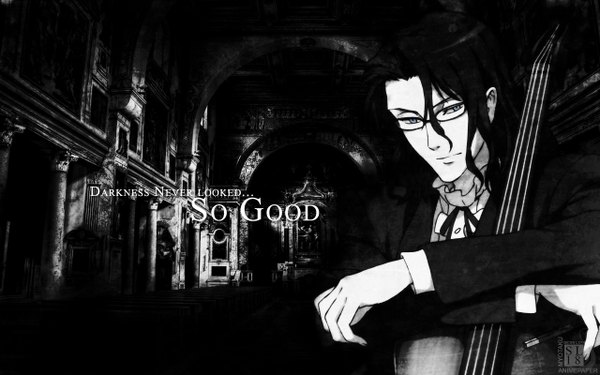 Anime picture 1280x800 with blood+ production i.g haji long hair blue eyes black hair wide image monochrome boy glasses cello