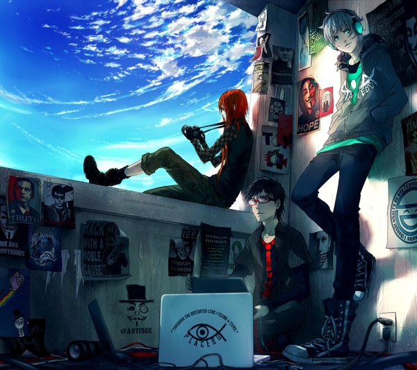 Anime picture 1500x1333 with fisheye placebo frey (fisheye placebo) robin soloviev vance (fisheye placebo) yuumei long hair short hair brown hair sitting green eyes sky cloud (clouds) red hair hands in pockets girl boy glasses shoes jacket headphones