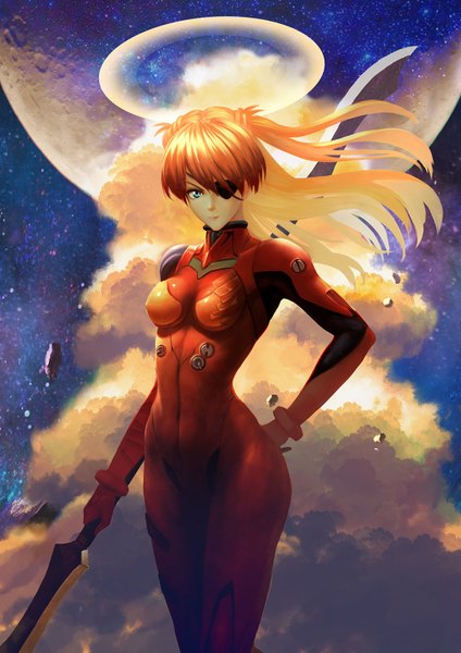 Anime picture 1080x1528 with neon genesis evangelion gainax soryu asuka langley moeark single long hair tall image looking at viewer breasts blue eyes twintails sky cloud (clouds) orange hair covered navel serious girl gloves navel weapon