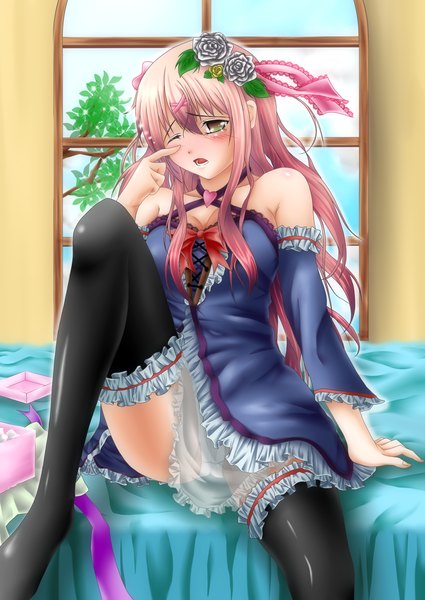 Anime picture 1500x2115 with original hiro (725611) single long hair tall image open mouth light erotic bare shoulders pink hair hair flower pantyshot legs pantyshot sitting girl thighhighs dress hair ornament black thighhighs detached sleeves frills