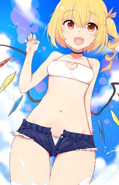 Anime picture 1600x2477 with touhou flandre scarlet saple single tall image fringe short hair open mouth light erotic blonde hair hair between eyes red eyes sky cloud (clouds) :d from below alternate costume one side up groin looking up