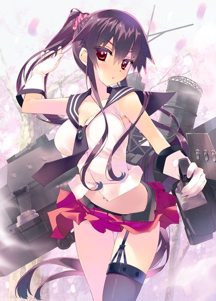 Anime picture 719x1000 with kantai collection yahagi light cruiser arikawa satoru single tall image looking at viewer blush black hair red eyes ponytail cherry blossoms girl thighhighs skirt gloves navel plant (plants) miniskirt petals tree (trees)