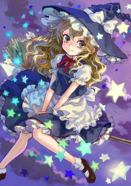 Anime picture 1275x1812 with touhou kirisame marisa ama-tou single long hair tall image blonde hair smile yellow eyes braid (braids) witch girl skirt bow star (symbol) witch hat skirt set broom