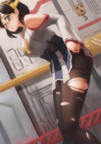 Anime picture 1240x1754 with kantai collection kirishima battleship qingmingtongzi single tall image looking at viewer blush short hair light erotic black hair traditional clothes japanese clothes grey eyes torn pantyhose nontraditional miko girl skirt miniskirt pantyhose glasses