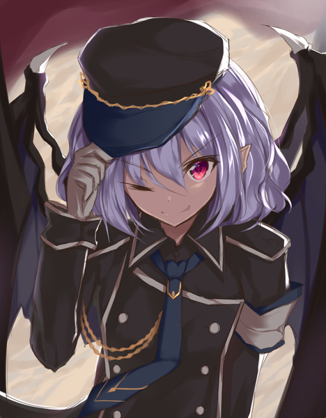 Anime picture 800x1024 with touhou remilia scarlet meuneyu single tall image looking at viewer fringe short hair purple hair upper body one eye closed pink eyes wink pointy ears alternate costume bat wings adjusting hat girl hat wings