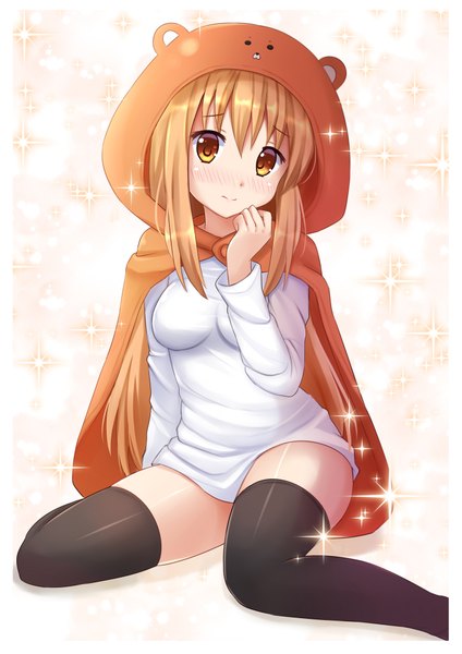 Anime picture 2893x4092 with himouto! umaru-chan doga kobo doma umaru kazenokaze single long hair tall image blush fringe highres breasts blonde hair smile animal ears yellow eyes bent knee (knees) sparkle embarrassed shiny girl