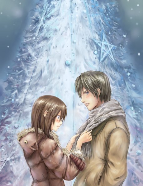 Anime picture 1535x2007 with lancer0519 tall image blush fringe short hair black hair brown hair profile grey eyes girl boy scarf winter clothes ice