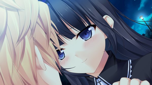 Anime picture 1280x720 with chuning lover kurosu kanade koso long hair blush short hair blue eyes black hair blonde hair wide image game cg couple girl boy