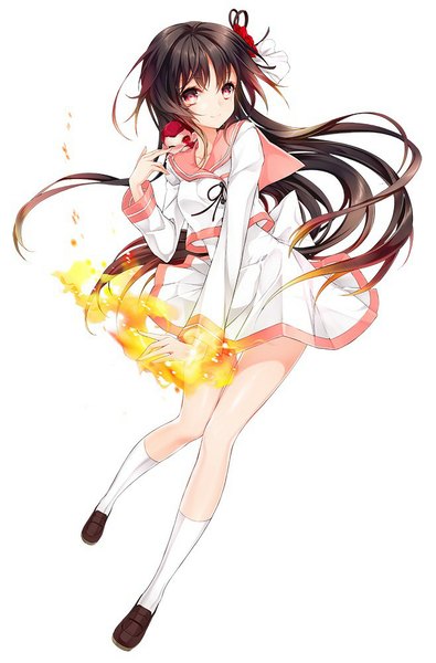 Anime picture 658x1000 with original juna single long hair tall image looking at viewer black hair simple background red eyes white background girl dress hair ornament socks white socks fire