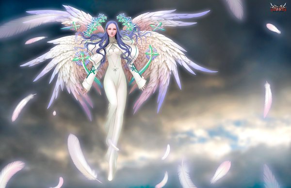Anime picture 1887x1221 with anima long hair highres blue hair sky flying angel girl wings feather (feathers) cross